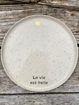 Assiette messagère "la vie est belle" en grès au cœur d'or