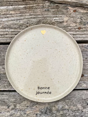 Assiette messagère "bonne journée"  en grès au cœur d'or